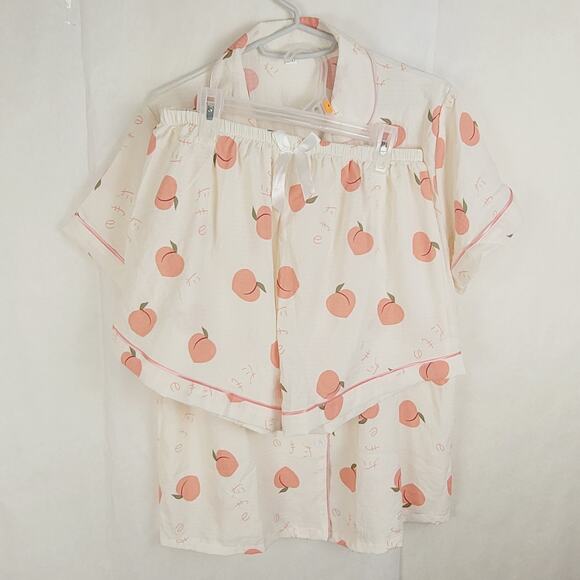 Peaches & Cream Pink Cream Pajama Set Size XL Retro Loungewear Satin Trim - Picture 1 of 13